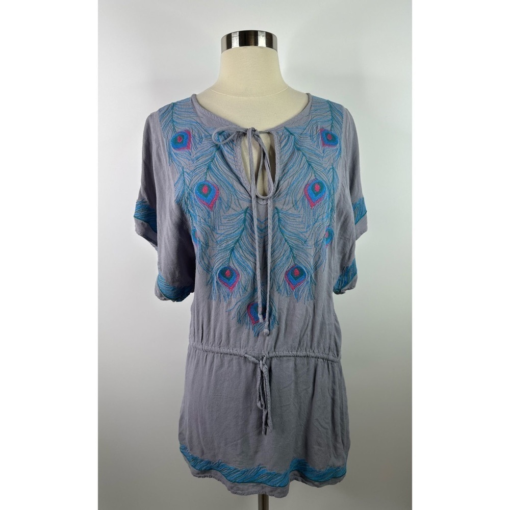 Ark & Co. Embroidered Peacock Feathers Short Sleeve Tunic Top